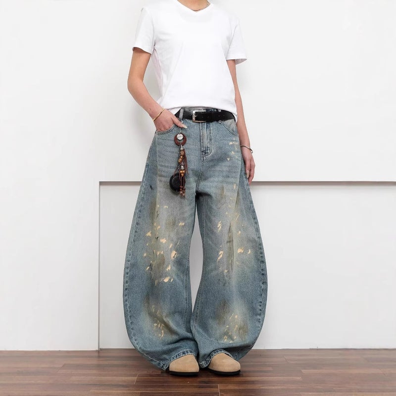 American Retro Splatter Distressed Scimitar Jeans Unisex Ins Niche Trendy Brand Hip-Hop Baggy Loose Long Pants - Image 4